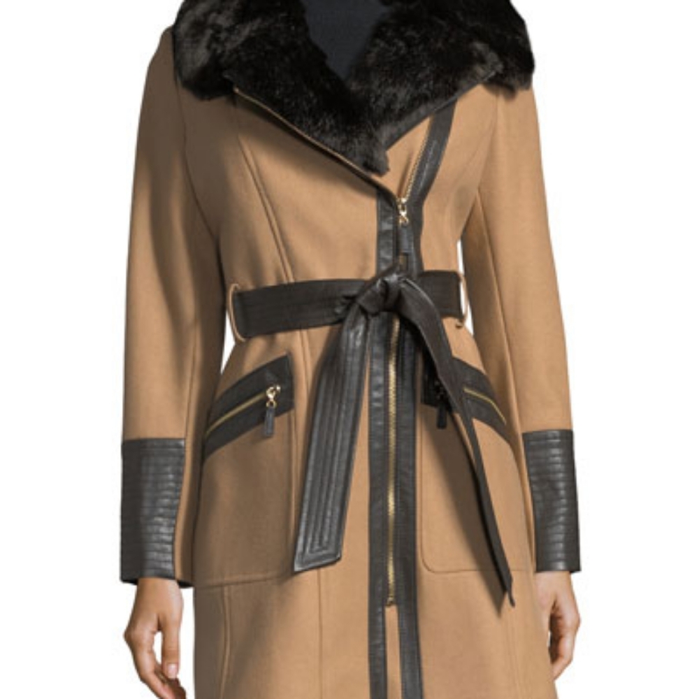 COPY - Via Spiga Belted Faux Fur-trim Asymmetric Coat In Deep Camel / Size 0